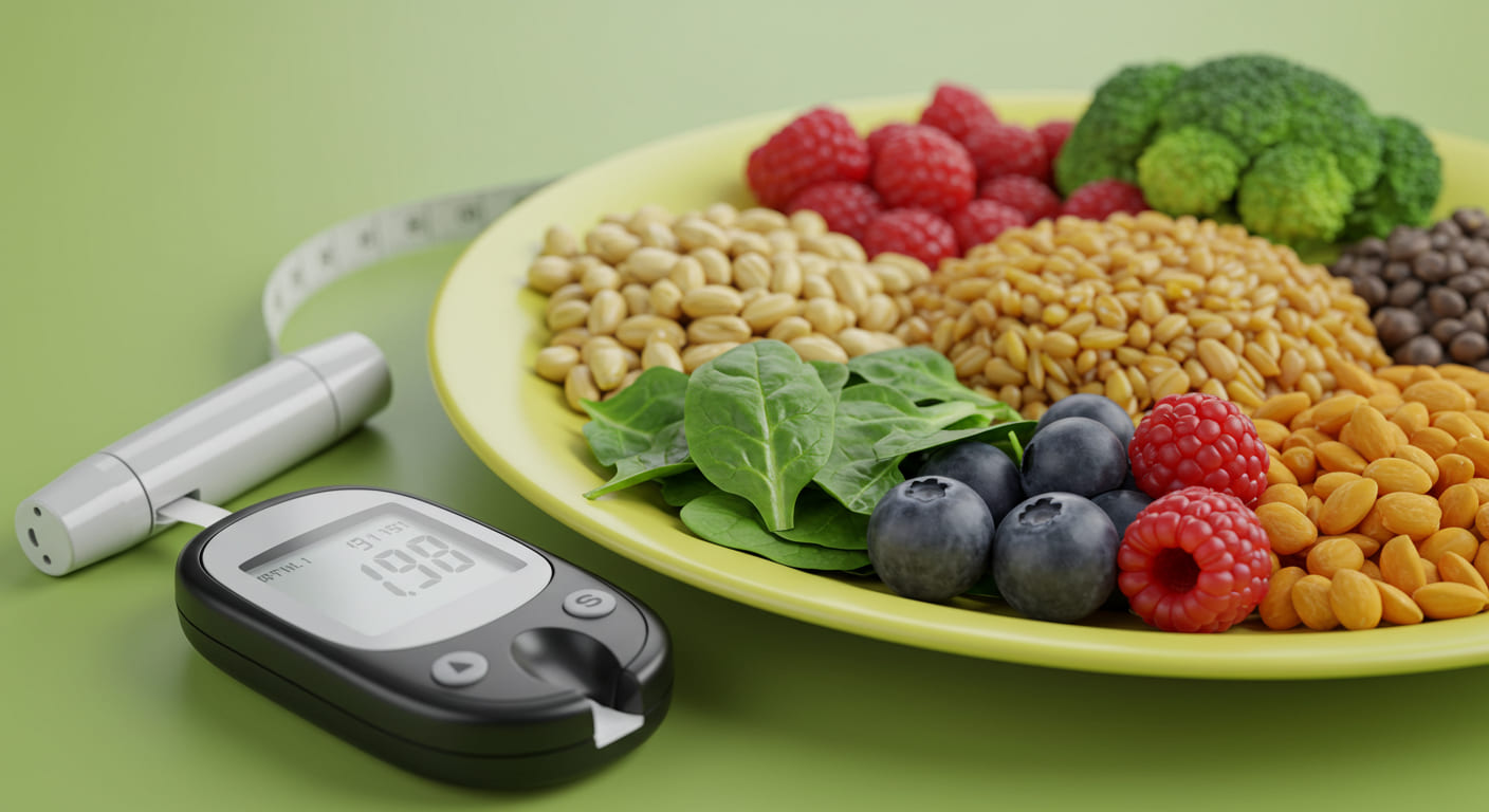 Plato de alimentos saludables para el control de glucosa