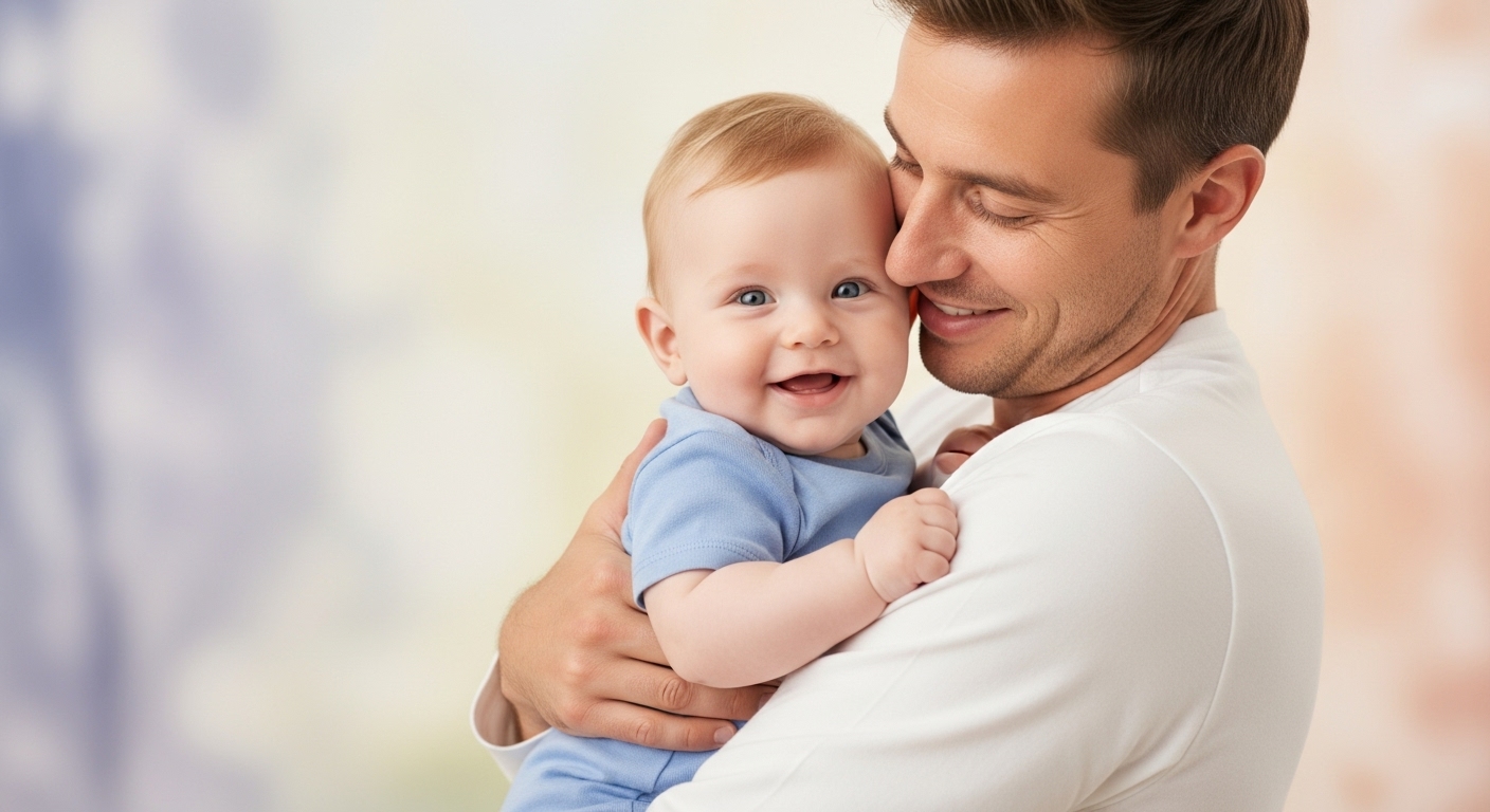 Bebé sonriendo en brazos de un adulto