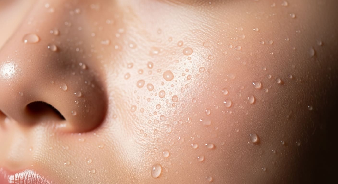 Primer plano de una piel radiante con gotas de agua