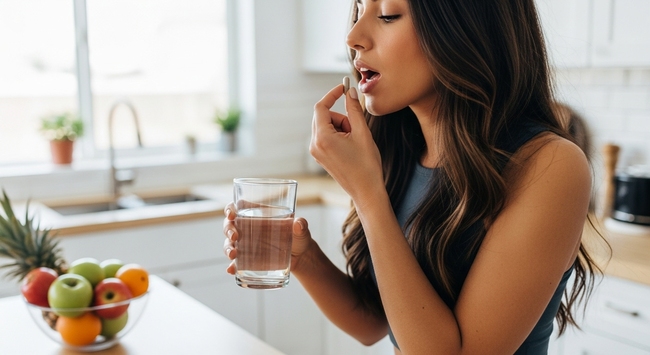 Persona tomando un suplemento con un vaso de agua