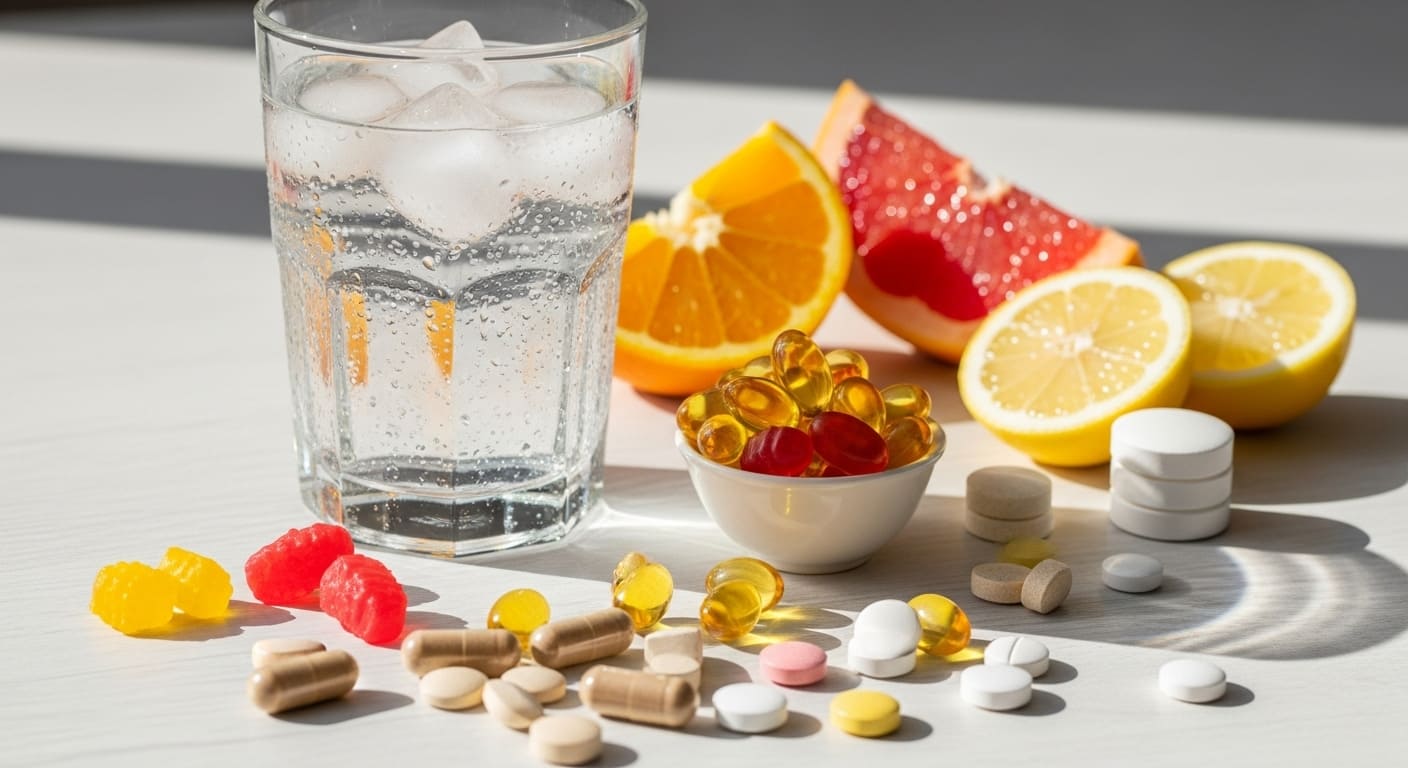 Suplementos vitamínicos junto a un vaso de agua y cítricos