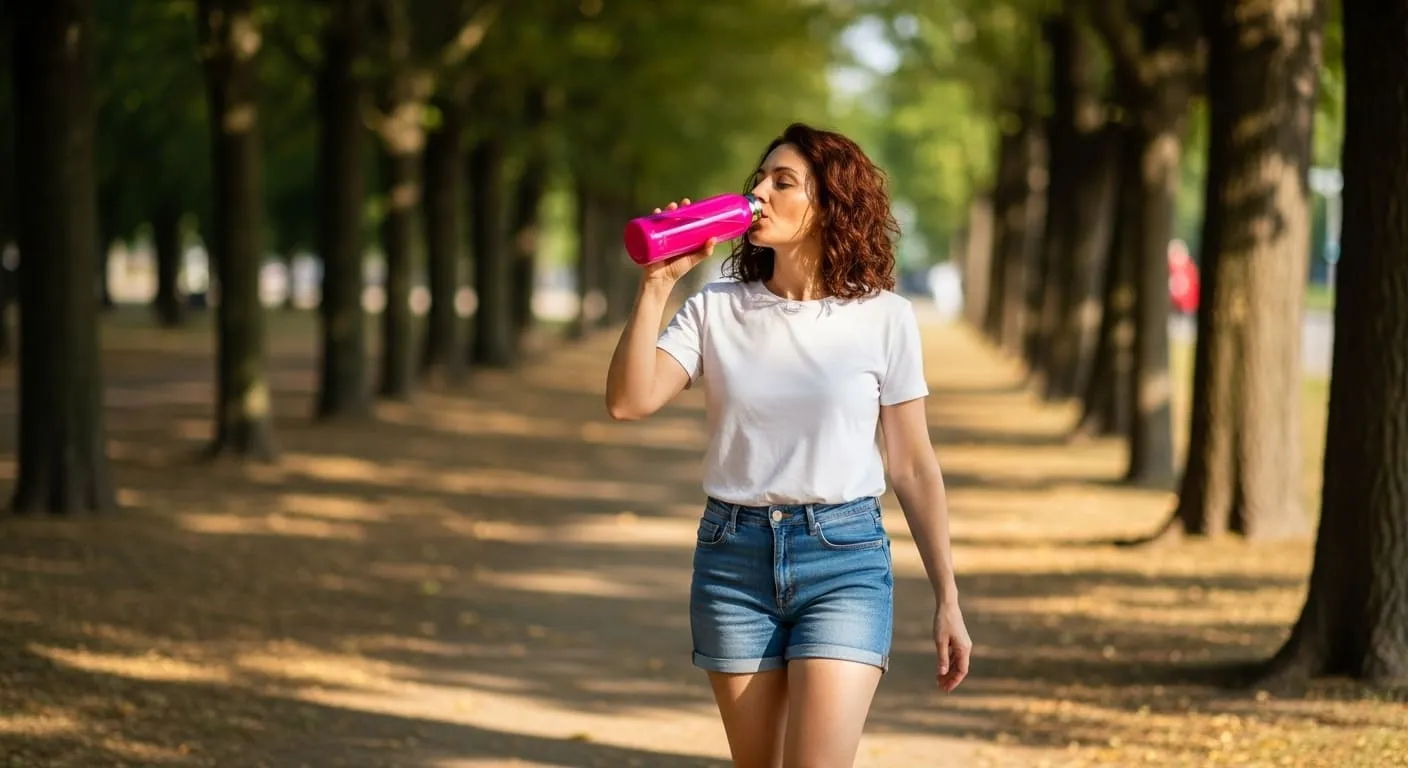 Mujer bebiendo agua y caminando al aire libre