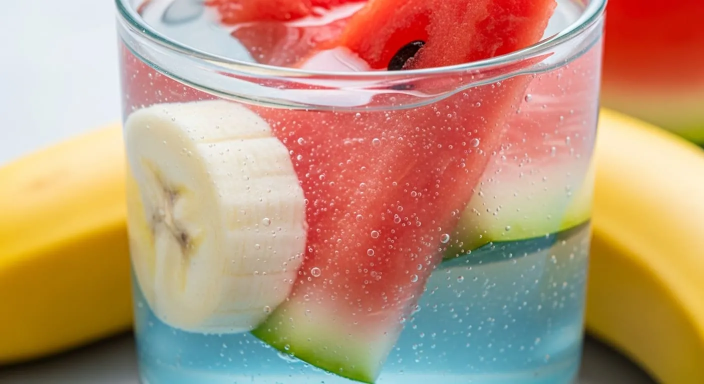 Vaso con suero rehidratante junto a frutas como plátano o sandía.
