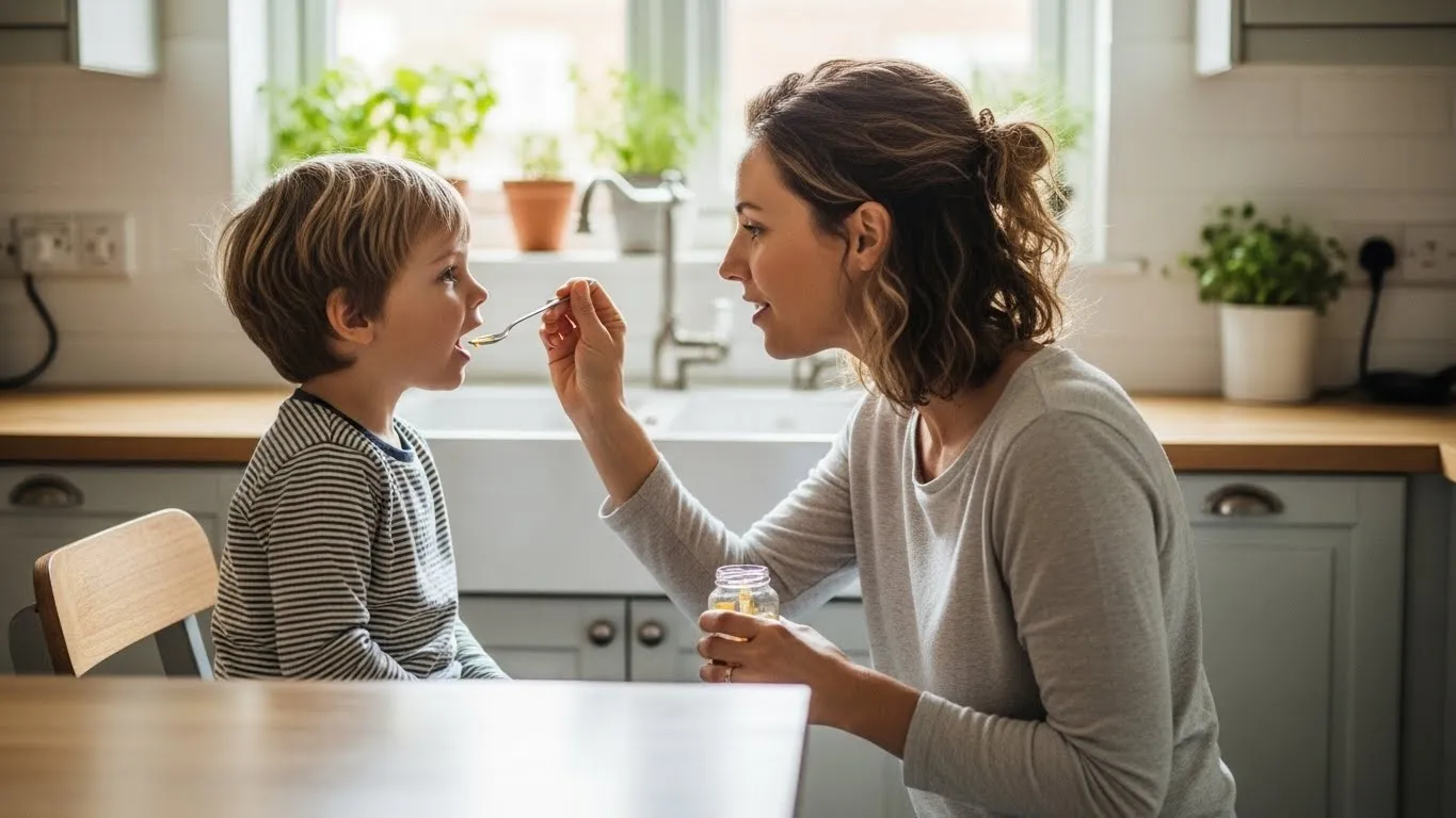 Madre dando jarabe a niño