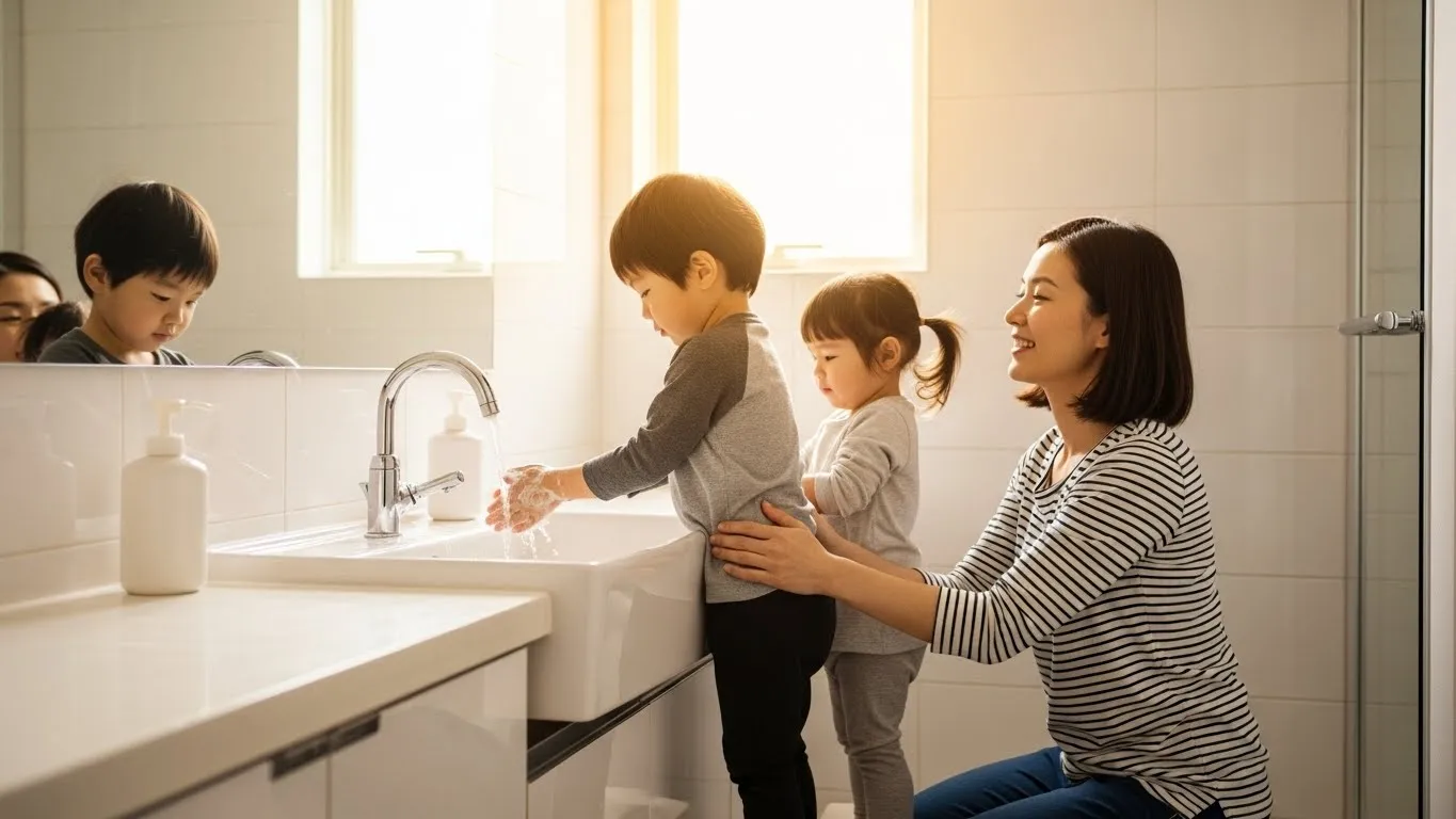 Niños lavándose manos en el baño