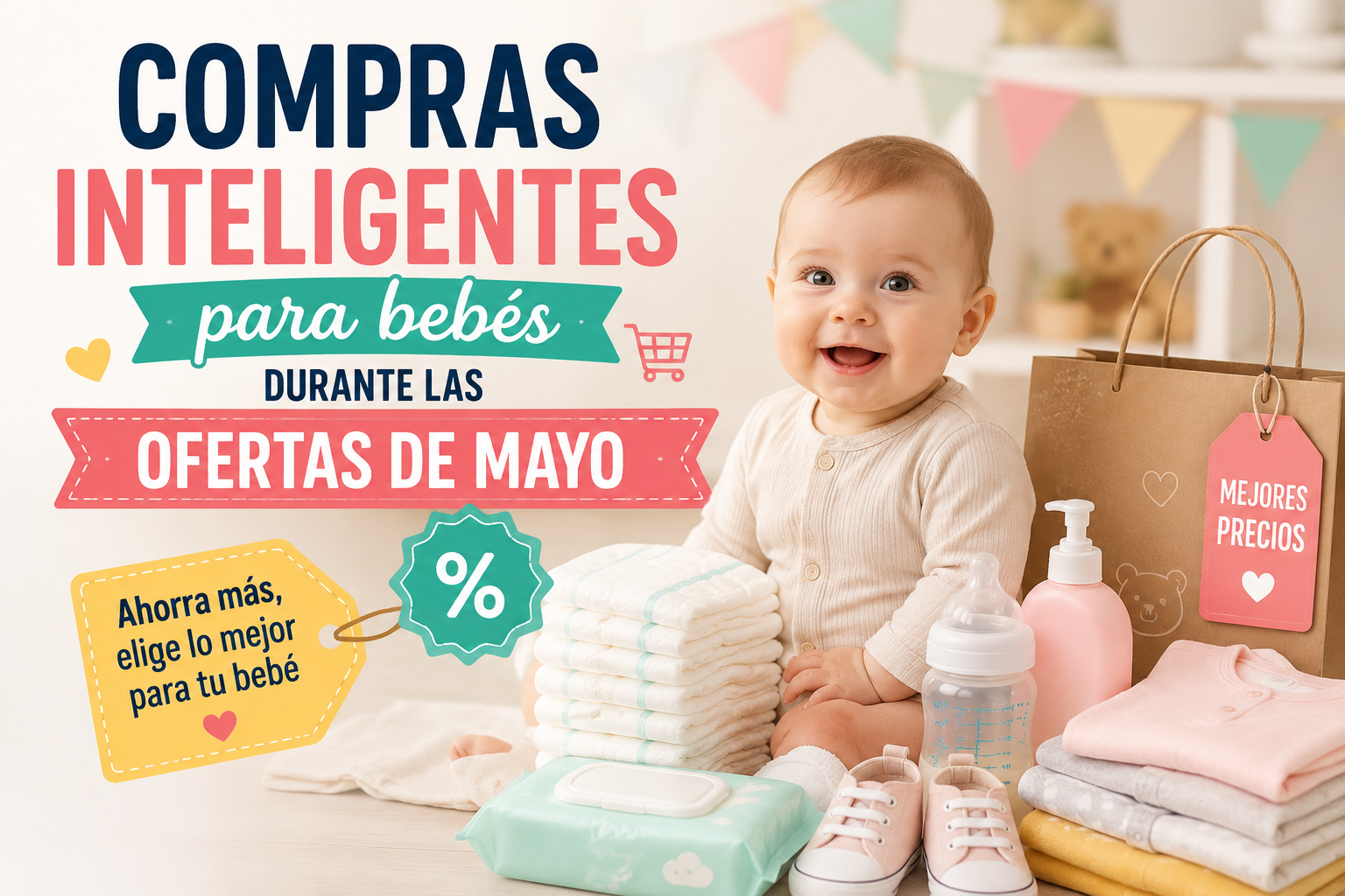 Bebé con productos al rededor
